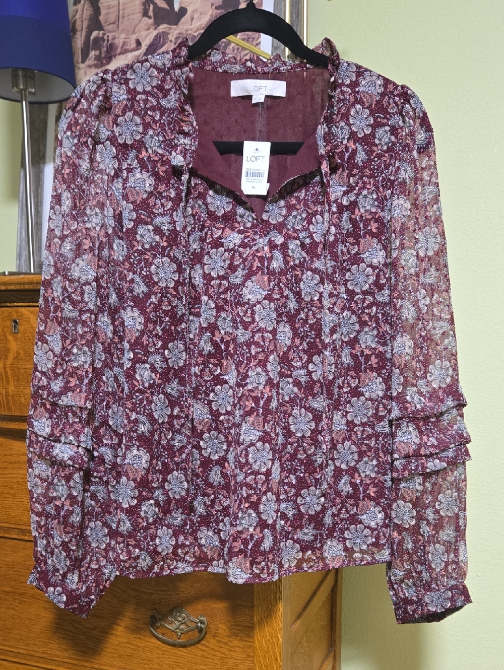 LOFT Burgundy Floral Sheer Tie-Front Blouse